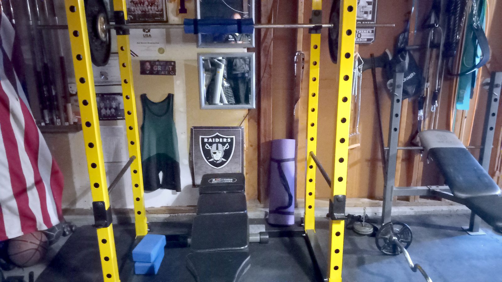 Power rack and bench in the garage gym
