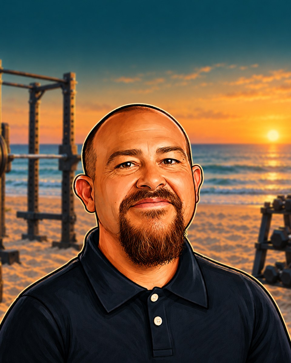 Illustrated portrait of Robert, coach at Garage to Beach Fitness, on a beach at sunrise with a power rack and dumbbells
